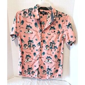 Eighty Eight Men's Skull Palm Trees Pineapple Button Down Shirt Pink Size L